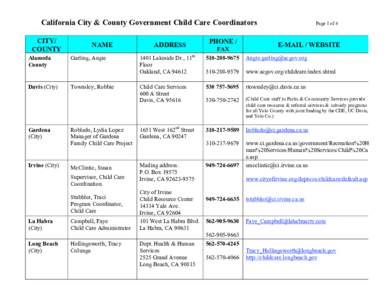 California City & County Government Child Care Coordinators CITY/ COUNTY Alameda County