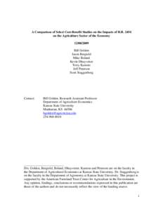 A Comparison of Select Cost-Benefit Studies on the Impacts of H.R[removed]on the Agriculture Sector of the Economy[removed]Bill Golden Jason Bergtold Mike Boland