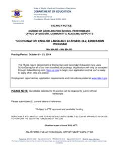 State of Rhode Island and Providence Plantations  DEPARTMENT OF EDUCATION Shepard Building 255 Westminster Street Deborah A. Gist