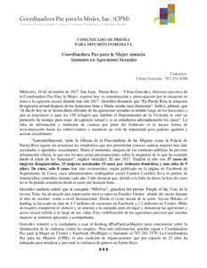 Coordinadora Paz para la Mujer, Inc. (CPM) Coalición Puertorriqueña Contra la Violencia Doméstica y la Agresión Sexual COMUNICADO DE PRENSA PARA DIFUSIÓN INMEDIATA