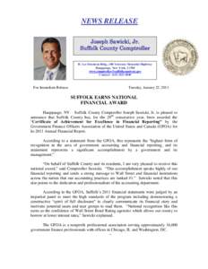 NEWS RELEASE Joseph Sawicki, Jr. Suffolk County Comptroller H. Lee Dennison Bldg., 100 Veterans Memorial Highway Hauppauge, New York, [removed]removed]