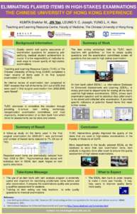 ELIMINATING FLAWED ITEMS IN HIGH-STAKES EXAMINATIONS THE CHINESE UNIVERSITY OF HONG KONG EXPERIENCE KUMTA Shekhar M., JIN Yan, LEUNG Y. C. Joseph, YUNG L. K. Alex Teaching and Learning Resource Centre, Faculty of Medicin