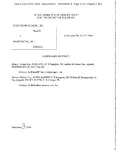 Case 1:13-cv[removed]RGA Document 22 Filed[removed]Page 1 of 11 PageID #: 551  IN THE UNITED STATES DISTRICT COURT FOR THE DISTRICT OF DELAWARE  TUXIS TECHNOLOGIES, LLC,