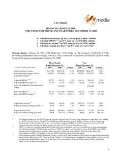 CTC MEDIA FINANCIAL RESULTS FOR THE FOURTH QUARTER AND YEAR ENDED DECEMBER 31, 2008