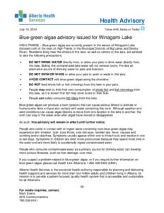 Blue-green algae advisory issued for Winagami Lake