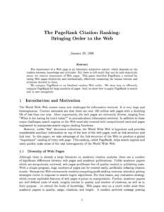 The PageRank Citation Ranking: Bringing Order to the Web January 29, 1998  Abstract
