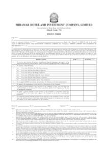 MIRAMAR HOTEL AND INVESTMENT COMPANY, LIMITED (Incorporated in Hong Kong with limited liability) (Stock Code: 71) PROXY FORM I/We
