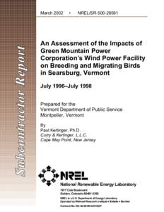 Assessment of the Impacts of Green Mountain Power Corporation’s Wind Power  Facility on Breeding and Migrating Birds in Searsburg, Vermont