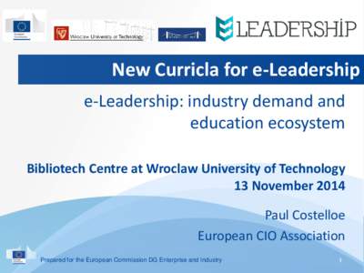New Curricla for e-Leadership e-Leadership: industry demand and education ecosystem Bibliotech Centre at Wroclaw University of Technology 13 November 2014 Paul Costelloe