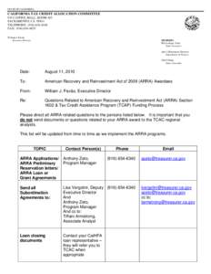 Questions Related to American Recovery and Reinvestment Act (ARRA) Section 1602 & Tax Credit Assistance Program (TCAP) Funding Process