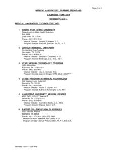 Page 1 of 3 MEDICAL LABORATORY TRAINING PROGRAMS CALENDAR YEAR 2014 REVISED[removed]MEDICAL LABORATORY TECHNOLOGIST (MT)