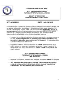 REQUEST FOR PROPOSAL (RFP) REAL PROPERTY ASSESSMENT FOR COUNTY OF BRUNSWICK, VIRGINIA COUNTY OF BRUNSWICK COUNTY ADMINISTRATOR’S OFFICE