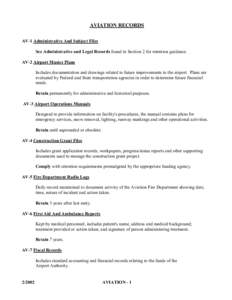 AVIATION RECORDS AV-1 Administrative And Subject Files See Administrative and Legal Records found in Section 2 for retention guidance. AV-2 Airport Master Plans Includes documentation and drawings related to future impro