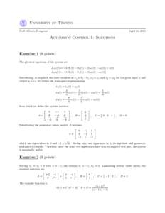 University of Trento Prof. Alberto Bemporad April 21, 2011  Automatic Control 1: Solutions