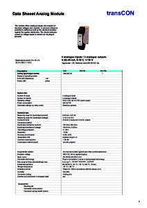 transCON  Data Sheeet Analog Module The module offers analogue inputs and outputs for standard voltages and currents. A common reference potential is defined as well as the electrical isolation