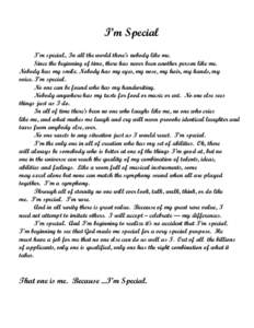 I’m Special I’m special.. In all the world there’s nobody like me. Since the beginning of time, there has never been another person like me. Nobody has my smile. Nobody has my eyes, my nose, my hair, my hands, my v