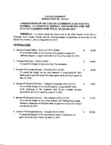 CITY OF CLERMONT  RESOLUTION NO[removed]A RESOLUTION OF THE CITY OF CLERMONT, LAKE COUNTY, FLORIDA, AUTHORIZING BUDGET AMENDMENTS FOR THE