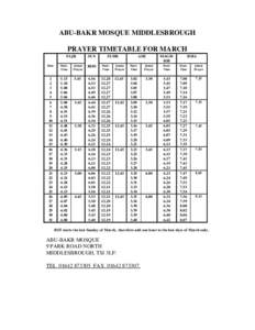 ABU-BAKR MOSQUE MIDDLESBROUGH PRAYER TIMETABLE FOR MARCH FAJR SUN