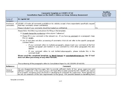 Deadline[removed]p.m. CET Comments Template on CEIOPS-CP 60 Consultation Paper on the Draft L2 Advice on Group Solvency Assessment