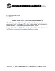 Statement by IMF Resident Representative Office on HK Dollar Peg; June 12, 2012