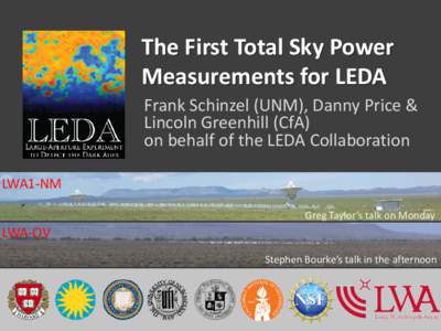 The First Total Sky Power Measurements for LEDA Frank Schinzel (UNM), Danny Price & Lincoln Greenhill (CfA) on behalf of the LEDA Collaboration LWA1-NM
