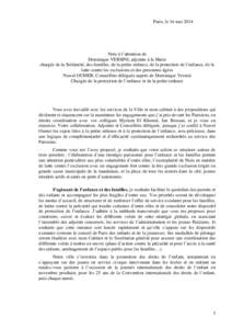 Paris, le 16 maiNote à l’attention de Dominique VERSINI, adjointe à la Maire chargée de la Solidarité, des familles, de la petite enfance, de la protection de l’enfance, de la lutte contre les exclusions e