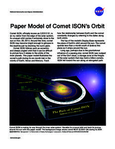 National Aeronautics and Space Administration  Paper Model of Comet ISON’s Orbit Comet ISON, officially known as C/2012 S1, is an icy visitor from the edge of the solar system. Its unusual orbit carries it extremely cl