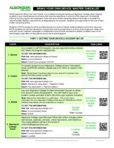 BRING YOUR OWN DEVICE: MASTER CHECKLIST BYOD stands for Bring Your Own Device. It is a method of program delivery at Algonquin College which requires students to use mobile devices to enhance their learning experience in