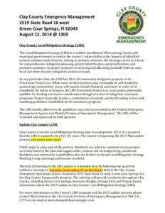 Clay County Emergency Management 2519 State Road 16 west Green Cove Springs, Fl[removed]August 12, 2014 @ 1300 Clay County Local Mitigation Strategy (LMS) The Local Mitigation Strategy (LMS) is a unified, coordinated effor