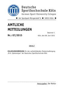  Am Sportpark Müngersdorf 6  50933 Köln   AMTLICHE MITTEILUNGEN Nr.: 