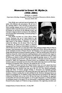 Memorial to Ernest W. Blythe Jr[removed]–2005) MICHAEL A. GIBSON Department of Geology, Geography, & Physics; University of Tennessee at Martin, Martin, Tennessee 38238, USA Ernie Blythe was a quiet and reserved geologis