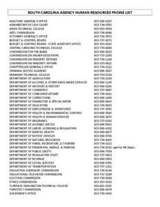 SOUTH CAROLINA AGENCY HUMAN RESOURCES PHONE LIST ADJUTANT GENERAL’S OFFICE ADMINISTRATIVE LAW COURT AIKEN TECHNICAL COLLEGE ARTS COMMISSION ATTORNEY GENERAL’S OFFICE