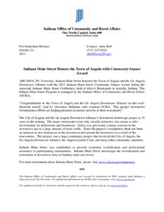 Indiana Office of Community and Rural Affairs One North Capitol, Suite 600 INDIANAPOLIS, INDIANA[removed]For Immediate Release: October 21,