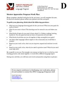 1A Boat Ramp Road Brentwood Bay, B.C. V8M 1N9 Tel: (Fax: (www.fpcc.ca  Mentor-Apprentice Program Work Plan