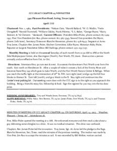 CCC LEGACY CHAPTER 123 NEWSLETTER[removed]Pleasant Run Road, Irving, Texas[removed]April 2012 Chartered: Nov. 1, 1985. Past Presidents: *Nelson Oats, *Harold Ballard, *W. O. Mullin, *Verle Oringderﬀ, *Harold Trammell, *Wil