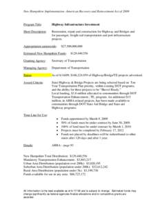 New Hampshire Implementation -American Recovery and Reinvestment Act of[removed]Program Title: Highway Infrastructure Investment