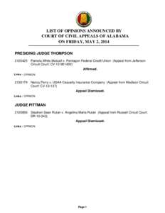 LIST OF OPINIONS ANNOUNCED BY COURT OF CIVIL APPEALS OF ALABAMA ON FRIDAY, MAY 2, 2014 PRESIDING JUDGE THOMPSON[removed]Pamela White Metcalf v. Pentagon Federal Credit Union (Appeal from Jefferson Circuit Court: CV-12-90