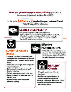 When you give through your weekly offering, you support the wider mission and ministry of the ELCIC. In 2013, the $842,779 received by your National Church helped support the following: