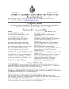 Newsletter  Summer Edition Order of Australia Association Ltd Newsletter Tasmanian Branch