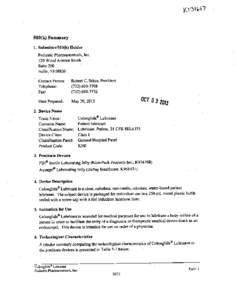 510(k) Summary 1. Subinitter/51O(k) Holder Pediatric Pharmaceuticals, Inc. 120 Wood Avenue South Suite 200 Iselin, NJ 08830