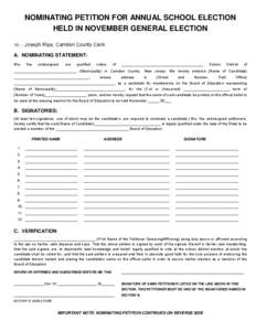 NOMINATING PETITION FOR ANNUAL SCHOOL ELECTION HELD IN NOVEMBER GENERAL ELECTION TO: Joseph Ripa, Camden County Clerk