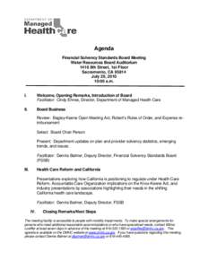 Agenda Financial Solvency Standards Board Meeting Water Resources Board Auditorium 1416 9th Street, 1st Floor Sacramento, CA[removed]July 20, 2010