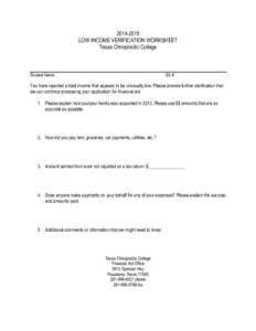 [removed]LOW INCOME VERIFICATION WORKSHEET Texas Chiropractic College Student Name