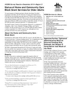 HCCBG Survey Results—Decem ber 2013—Region D  Status of Home and Community Care Block Grant Services for Older Adults To meet requests of federal and state officials, the Senior Tar Heel Legislature and others, the N