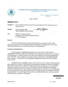 Memorandum concerning National Remedy Review Board Recommendations for the Quanta Resources Superfund 
Site
