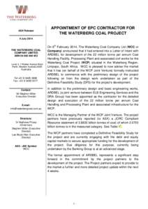 ASX Release  APPOINTMENT OF EPC CONTRACTOR FOR THE WATERBERG COAL PROJECT  4 July 2014