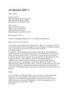 AG Opinion[removed]July 12, 2001 David E. Yocum Salt Lake County District Attorney 2001 South State Street, S3500 Salt Lake City, Utah[removed]