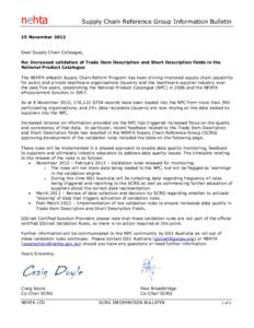 nehta  Supply Chain Reference Group Information Bulletin 15 November 2012 Dear Supply Chain Colleague,