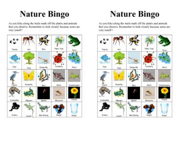 Nature Bingo  Nature Bingo As you hike along the trails mark off the plants and animals that you observe. Remember to look closely because some are