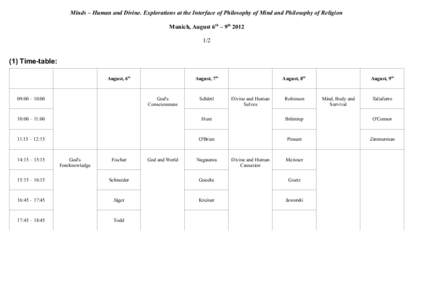 Minds – Human and Divine. Explorations at the Interface of Philosophy of Mind and Philosophy of Religion Munich, August 6th – 9th[removed]Time-table: August, 6th
